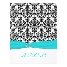 Aqua, White and Black Damask II RSVP Card Custom Announcement