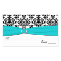 Aqua, White and Black Damask Placecards Business Cards