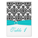 Aqua, White and Black Damask Table Number Card