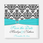 Aqua, White, and Black Damask Wedding Favour Magne