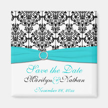 Aqua, White, and Black Damask Wedding Favour Magne