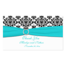 Aqua, White and Black Damask Wedding Favour Tag Business Card Template