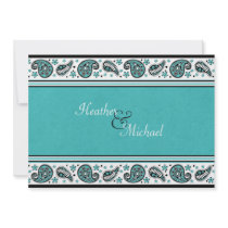 Aqua, White, and Black Paisley Wedding Invitation