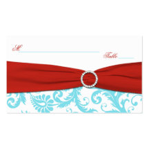 Aqua, White, and Red Damask Placecards Business Card Templates