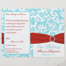 Aqua, White, and Red Damask Wedding Program Full Colour Flyer