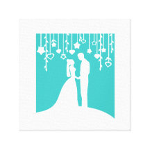 Aqua & White Bride and Groom Wedding Silhouettes Canvas Prints