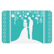 Aqua & White Bride and Groom Wedding Silhouettes Magnets