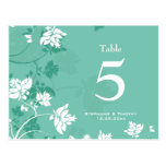 Aqua white floral swirls wedding table number postcards