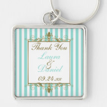 Aqua, White Stripes Gold Scrolls Wedding Favour Keychain