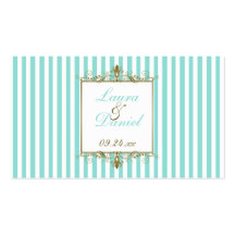 Aqua, White Stripes Gold Scrolls Wedding Favour Ta Business Card