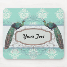 aquamarine green and cream peacock damask mouse pads