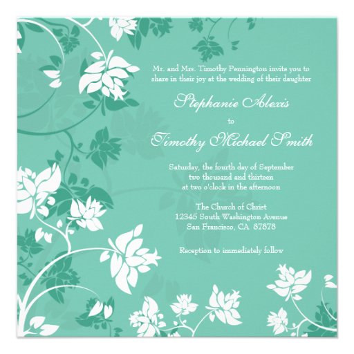 Aquamarine white floral swirls wedding invitation