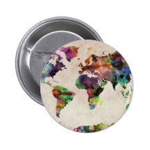 Aquarelle urbaine de carte du monde pin's avec agrafe