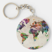 Aquarelle urbaine de carte du monde porte-clé