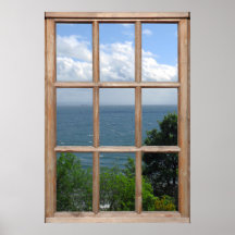 Arbres et vue de mer d'une fenêtre posters