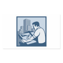 Architect Draftsman Drawing Buildings Retro Rectangular Sticker