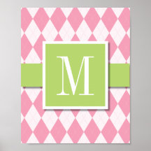 Argyle Monogram Wall Art, Pink & Lime Posters