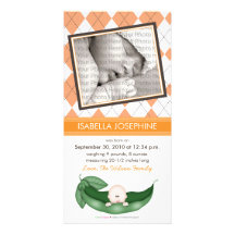 Argyle Pea in a Pod Baby Birth Announcement orange Photo Card Template