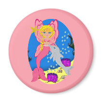 Ariel the Pink Merfaery and Dolphin Round Magnet
