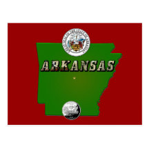 Arkansas Map, Seal and State Quarter Postcard