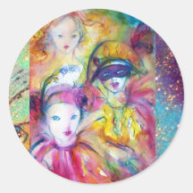 ARLECCHINO PIERO AND COLOMBINA MASQUERADE PARTY ROUND STICKERS