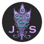 Art Deco Purple Peacock Feathers Monogram Wedding Stickers