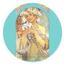 Art Nouveau - Alphonse Mucha "Flower" Round Stickers