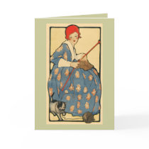 Art Nouveau -Girl knitting with her cat Greeting Card