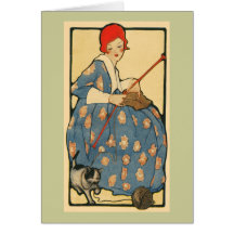 Art Nouveau -Girl knitting with her cat Greeting Card