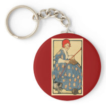Art Nouveau -Girl knitting with her cat Keychain