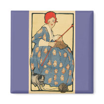 Art Nouveau -Girl knitting with her cat Magnet