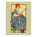 Art Nouveau -Girl knitting with her cat postcards