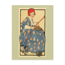 Art Nouveau -Girl knitting with her cat Post Card