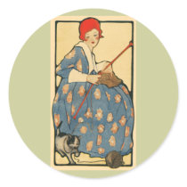 Art Nouveau -Girl knitting with her cat Round Sticker