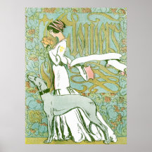 Art Nouveau Greyhound and Lady with Flower Print