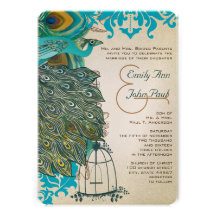 Art Nouveau Musical Peacock Bird Cage Feathers Personalized Invites