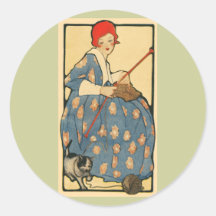 Art Nouveau - tricot de fille avec son chat Adhésifs Ronds