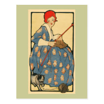 Art Nouveau - tricot de fille avec son chat Carte Postale
