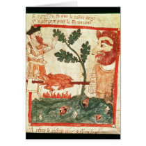 Arthur meets the giant roasting a pig on a card