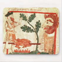 Arthur meets the giant roasting a pig on a mouse pad