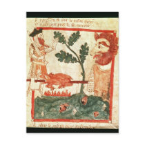 Arthur meets the giant roasting a pig on a postcards