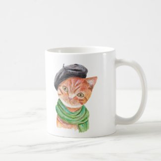 Artist Cat Funny Orange Tabby Cat Beret Scarf Mug