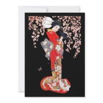 Asian Woman with Cherry Blossom Night Personalized Invitations