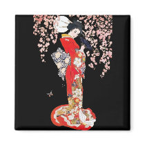 Asian Woman with Cherry Blossom Night Refrigerator Magnets