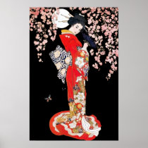 Asian Woman with Cherry Blossom Night Posters