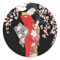 Asian Woman with Cherry Blossom Night Round Sticker
