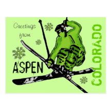 Aspen Colorado green theme skier postcard