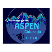 Aspen Colorado greetings blue ski art postcard