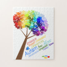 Autism Awareness Rainbow Puzzle Tree with Word Art