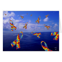 Autism Awareness Ribbons Cascading Over the Sea Card